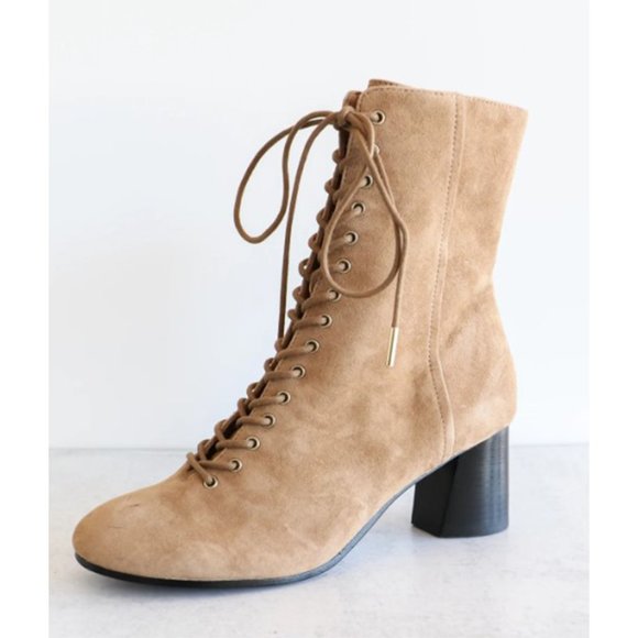 Joie Shoes - Joie Reyan Suede Lace Up Ankle Boot Block Heel Genuine Leather Bootie Tan Camel